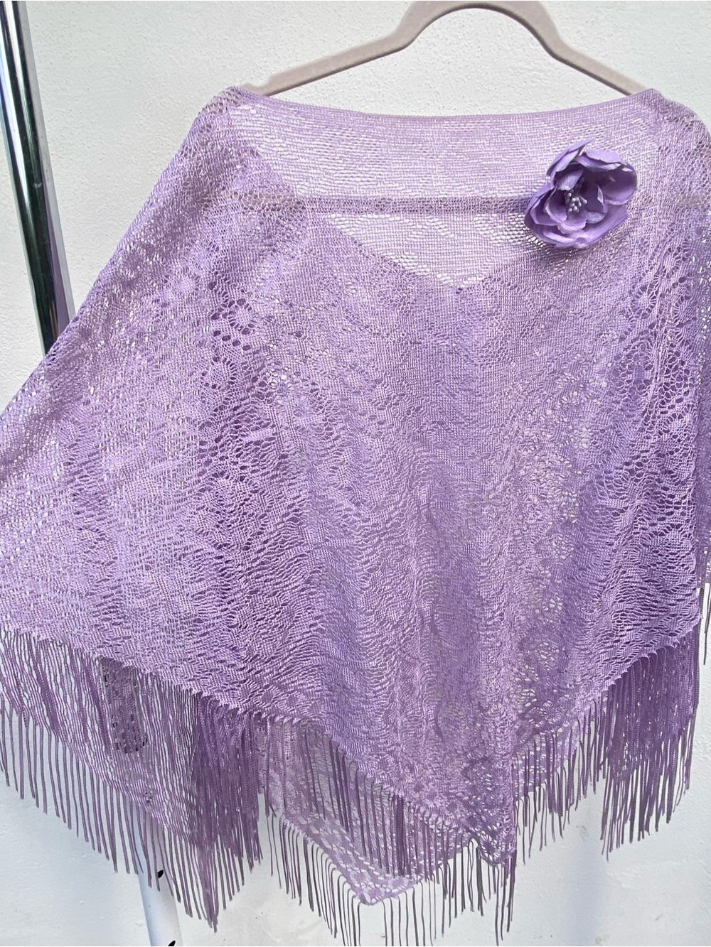 Y2K Boho Fairy Purple Flower Embellished Fringe Poncho One Size - Picture 2 of 4